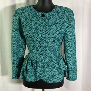 Vintage TF Teal & Black Printed Peplum Hem Blouse
